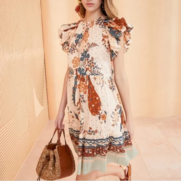Ulla Johnson Etta Floral Ruffle Sleeve Midi Dress Boho Swing Prairie Dress - Picture 2 of 13